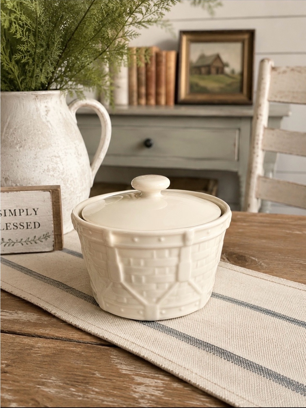 Longaberger Lidded Woven Drum Crock. Cream |  Casserole Dish | Pottery | Ceramic